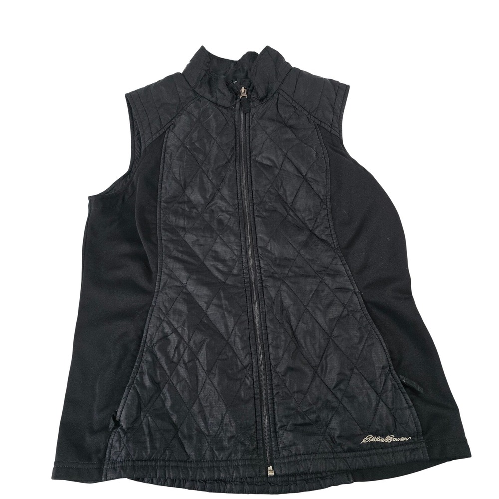 Eddie Bauer Womens Black‎ Quilted Mixed Media Full Zip Vest Large 14439